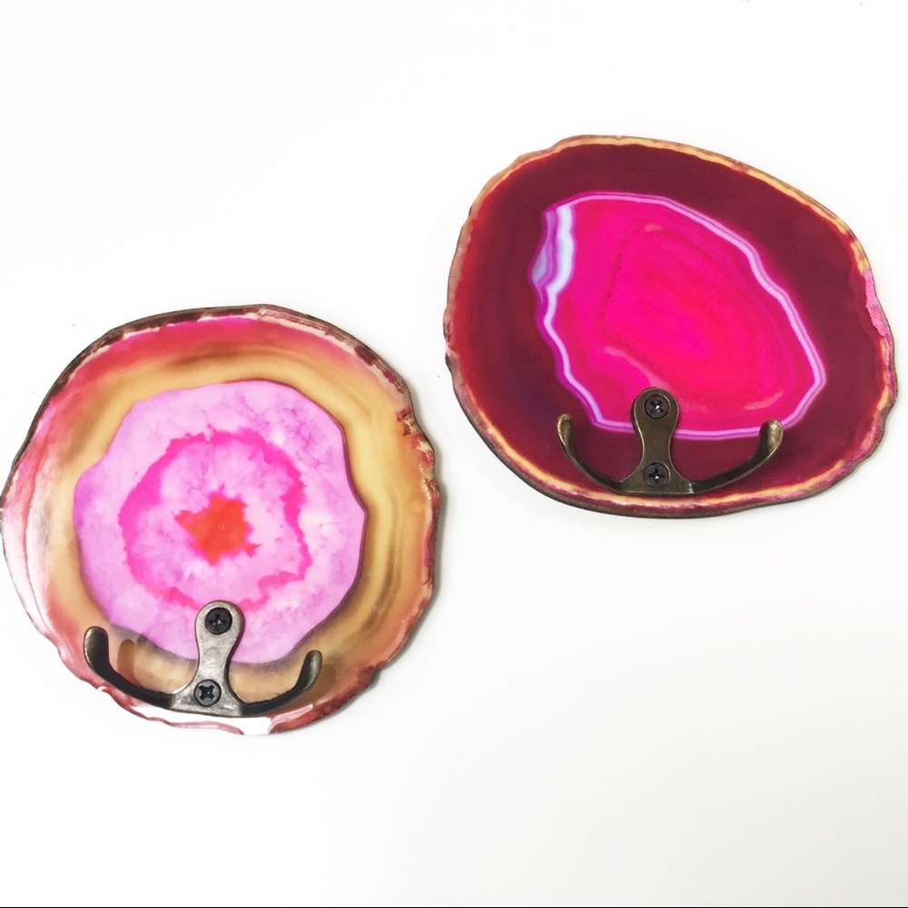Set of 2 Pink Faux Agate Geode Boho Wall Hooks NEW